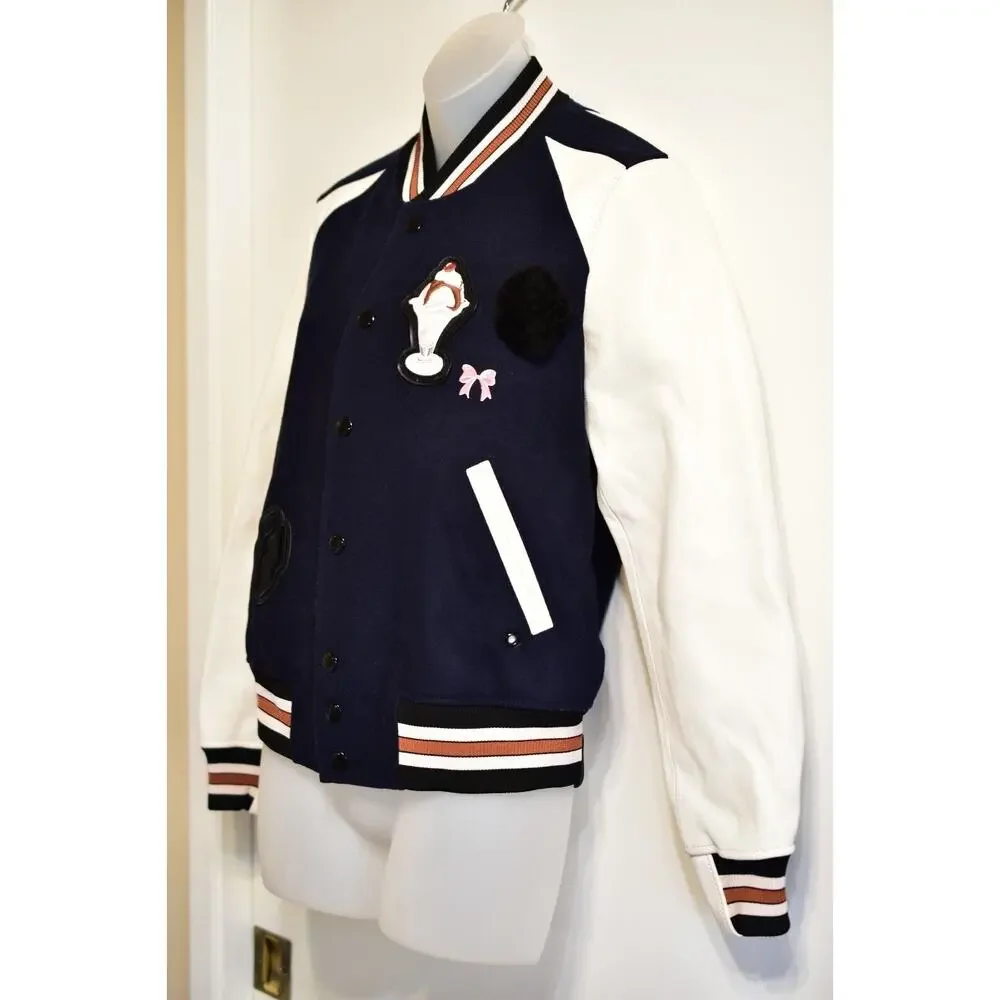 COACH 4 Riverdale Varsity Jacket White Leather Navy Bomber Ice Cream Patch Rare